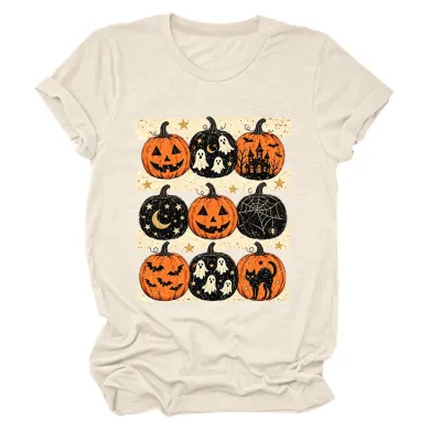 Halloween Women Fashion Casual Pumpkin Lantern Printed Round Neck Short Sleeve T-Shirt