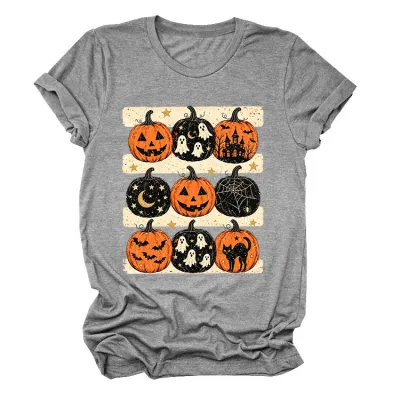 Halloween Women Fashion Casual Pumpkin Lantern Printed Round Neck Short Sleeve T-Shirt