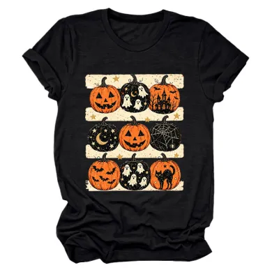 Halloween Women Fashion Casual Pumpkin Lantern Printed Round Neck Short Sleeve T-Shirt