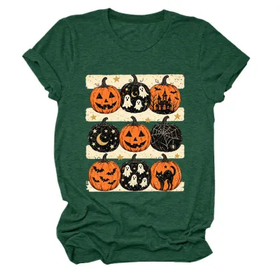 Halloween Women Fashion Casual Pumpkin Lantern Printed Round Neck Short Sleeve T-Shirt