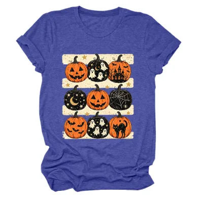 Halloween Women Fashion Casual Pumpkin Lantern Printed Round Neck Short Sleeve T-Shirt