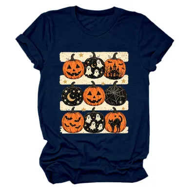 Halloween Women Fashion Casual Pumpkin Lantern Printed Round Neck Short Sleeve T-Shirt