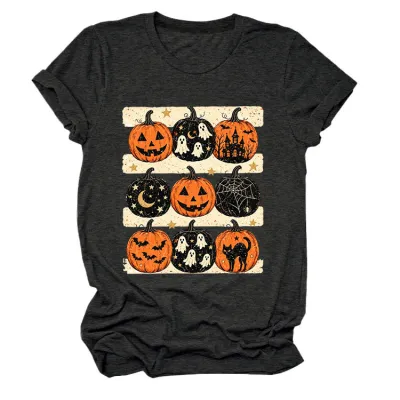 Halloween Women Fashion Casual Pumpkin Lantern Printed Round Neck Short Sleeve T-Shirt