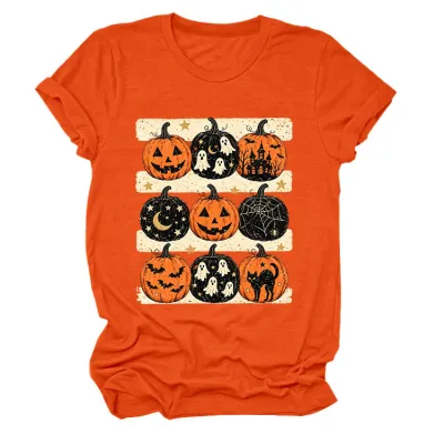Halloween Women Fashion Casual Pumpkin Lantern Printed Round Neck Short Sleeve T-Shirt