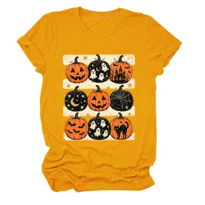 Halloween Women Fashion Casual Pumpkin Lantern Printed Round Neck Short Sleeve T-Shirt