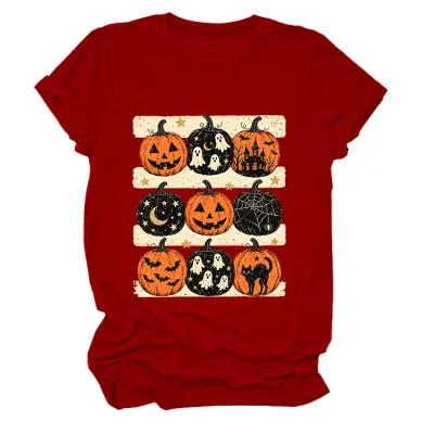 Halloween Women Fashion Casual Pumpkin Lantern Printed Round Neck Short Sleeve T-Shirt