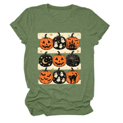 Halloween Women Fashion Casual Pumpkin Lantern Printed Round Neck Short Sleeve T-Shirt