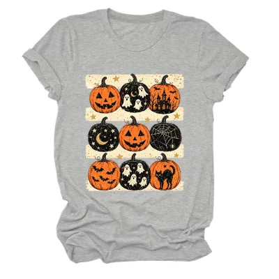 Halloween Women Fashion Casual Pumpkin Lantern Printed Round Neck Short Sleeve T-Shirt