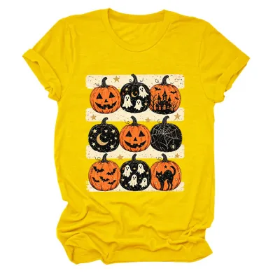 Halloween Women Fashion Casual Pumpkin Lantern Printed Round Neck Short Sleeve T-Shirt