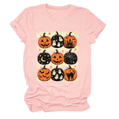 Halloween Women Fashion Casual Pumpkin Lantern Printed Round Neck Short Sleeve T-Shirt