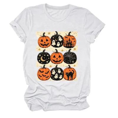 Halloween Women Fashion Casual Pumpkin Lantern Printed Round Neck Short Sleeve T-Shirt