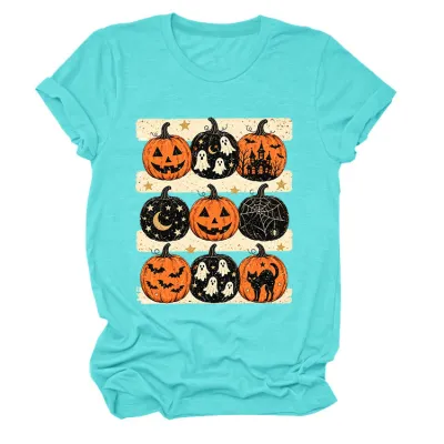 Halloween Women Fashion Casual Pumpkin Lantern Printed Round Neck Short Sleeve T-Shirt