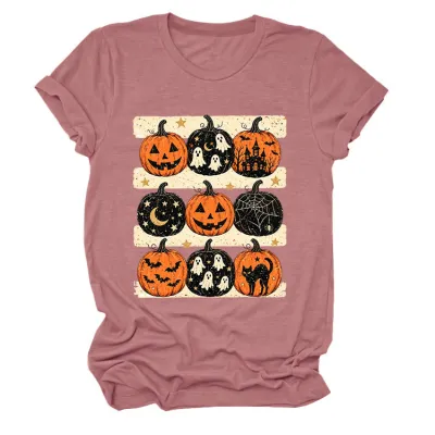 Halloween Women Fashion Casual Pumpkin Lantern Printed Round Neck Short Sleeve T-Shirt