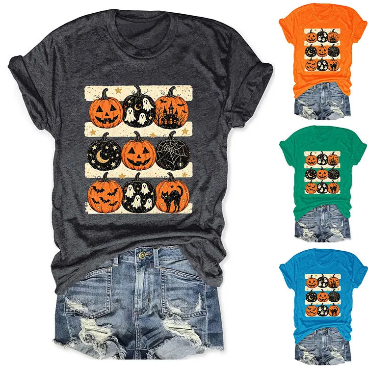 Halloween Women Fashion Casual Pumpkin Lantern Printed Round Neck Short Sleeve T-Shirt