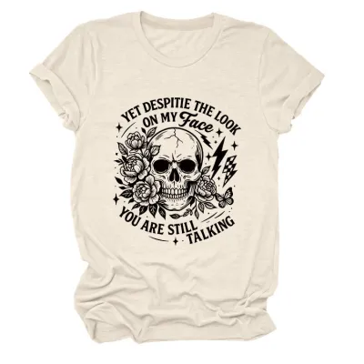Halloween Women Fashion Casual Skull Print Round Neck Short Sleeve T-Shirt