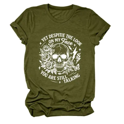 Halloween Women Fashion Casual Skull Print Round Neck Short Sleeve T-Shirt