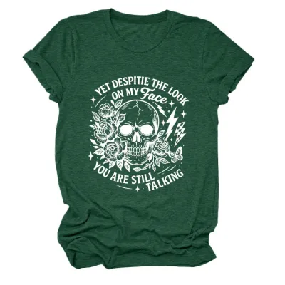 Halloween Women Fashion Casual Skull Print Round Neck Short Sleeve T-Shirt