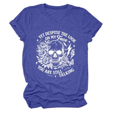 Halloween Women Fashion Casual Skull Print Round Neck Short Sleeve T-Shirt