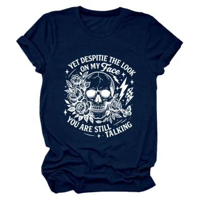 Halloween Women Fashion Casual Skull Print Round Neck Short Sleeve T-Shirt