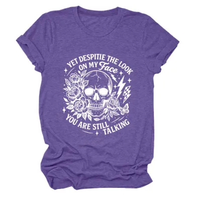 Halloween Women Fashion Casual Skull Print Round Neck Short Sleeve T-Shirt