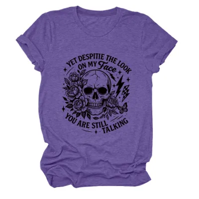 Halloween Women Fashion Casual Skull Print Round Neck Short Sleeve T-Shirt