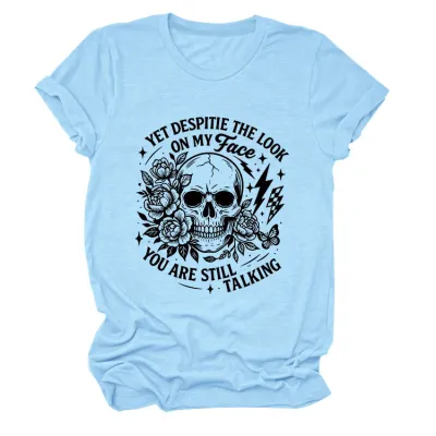 Halloween Women Fashion Casual Skull Print Round Neck Short Sleeve T-Shirt