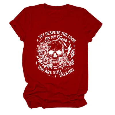 Halloween Women Fashion Casual Skull Print Round Neck Short Sleeve T-Shirt