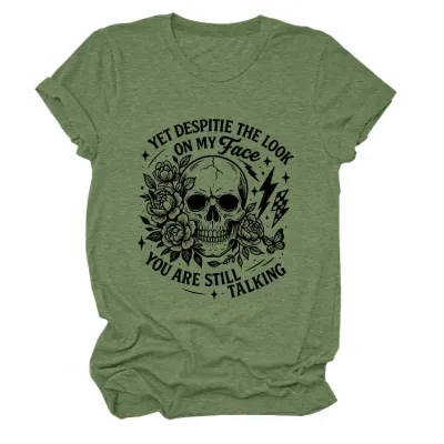 Halloween Women Fashion Casual Skull Print Round Neck Short Sleeve T-Shirt