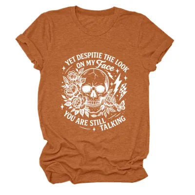 Halloween Women Fashion Casual Skull Print Round Neck Short Sleeve T-Shirt
