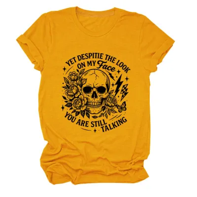 Halloween Women Fashion Casual Skull Print Round Neck Short Sleeve T-Shirt