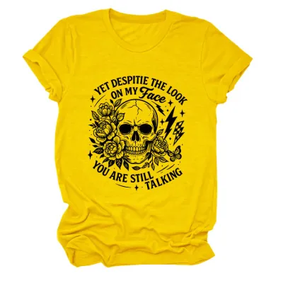 Halloween Women Fashion Casual Skull Print Round Neck Short Sleeve T-Shirt