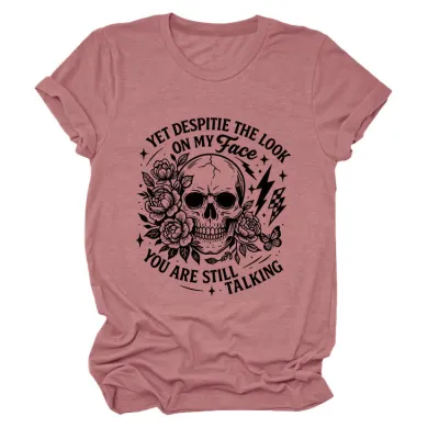 Halloween Women Fashion Casual Skull Print Round Neck Short Sleeve T-Shirt