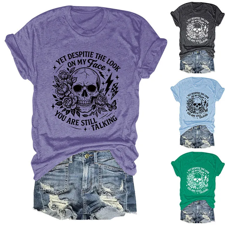 Halloween Women Fashion Casual Skull Print Round Neck Short Sleeve T-Shirt
