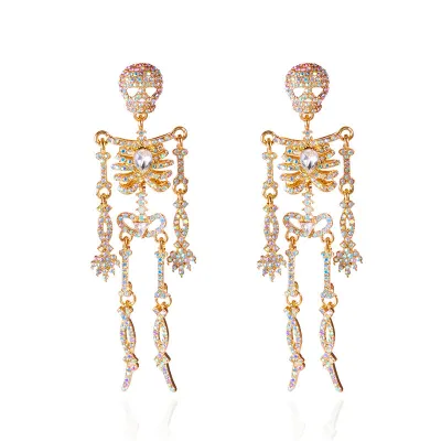 Halloween Women Fashion Exaggerated Rhinestone Skull Skeleton Long Earrings