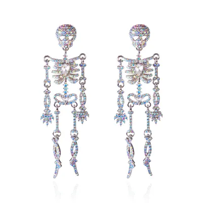 Halloween Women Fashion Exaggerated Rhinestone Skull Skeleton Long Earrings