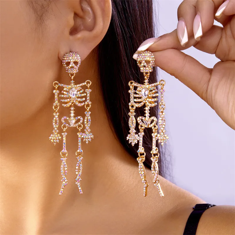 Halloween Women Fashion Exaggerated Rhinestone Skull Skeleton Long Earrings