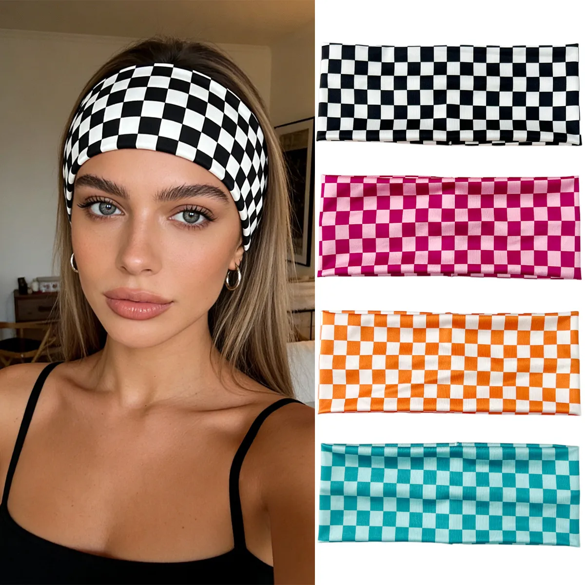 Women Fashion Casual Plaid Widened Elastic Sports Headbands