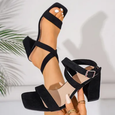 Women Fashion Summer Solid Color Square-Toe Cross Strap Heeled Sandals
