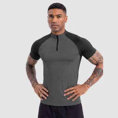 Men Fashion Summer Color Block Half-Zipper Vertical Collar Breathable Quick-Drying Short-Sleeve Sports T-Shirt