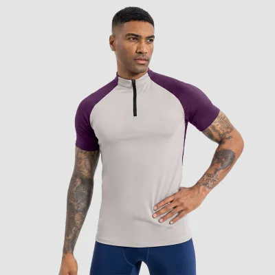 Men Fashion Summer Color Block Half-Zipper Vertical Collar Breathable Quick-Drying Short-Sleeve Sports T-Shirt