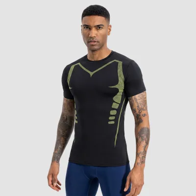 Men Fashion Casual Summer Printed Mesh Stretch Tight Breathable Quick-Drying Short-Sleeve Sports T-Shirt