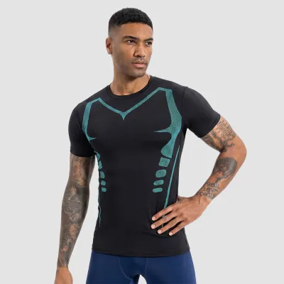 Men Fashion Casual Summer Printed Mesh Stretch Tight Breathable Quick-Drying Short-Sleeve Sports T-Shirt
