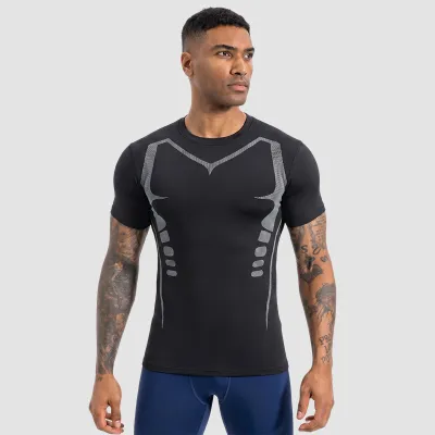 Men Fashion Casual Summer Printed Mesh Stretch Tight Breathable Quick-Drying Short-Sleeve Sports T-Shirt