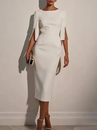 Women Elegant Solid Color Sleeve Beaded Midi Dress