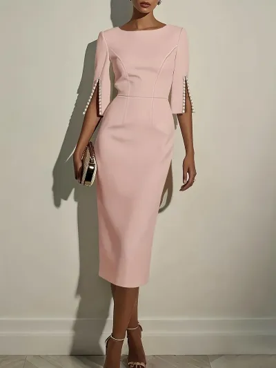 Women Elegant Solid Color Sleeve Beaded Midi Dress