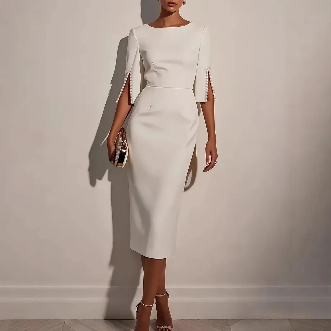 Women Elegant Solid Color Sleeve Beaded Midi Dress