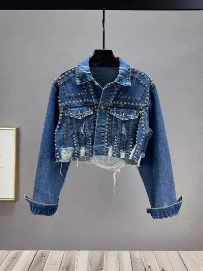 Women Fashion Rhinestone Rivet Hole Denim Jacket