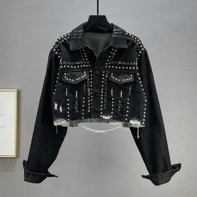 Women Fashion Rhinestone Rivet Hole Denim Jacket