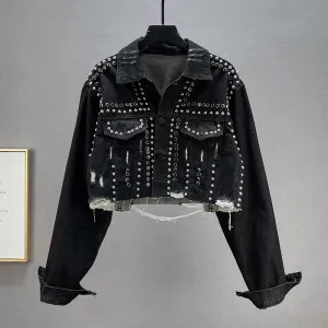 Women Fashion Rhinestone Rivet Hole Denim Jacket