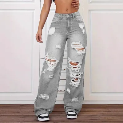 Women Fashion Ripped High Waist Straight Jeans